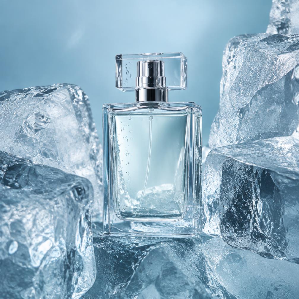Botol parfum bening di antara balok es biru